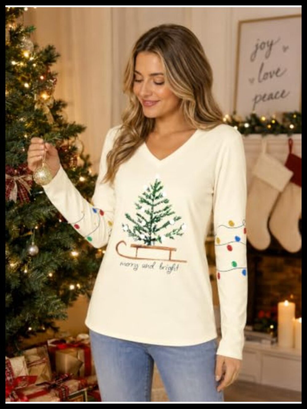 Christmas Tree Shirt Womens Long Sleeve Crew Neck Holiday Tee - Picture 4 of 5